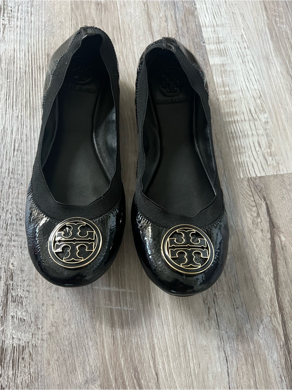 Tory Burch Black Patent Ballet Flats with Gold Logo Medallion